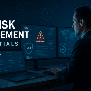 IT Risk Management course banner showing cybersecurity dashboard, risk metrics, and analyst reviewing digital risk controls.