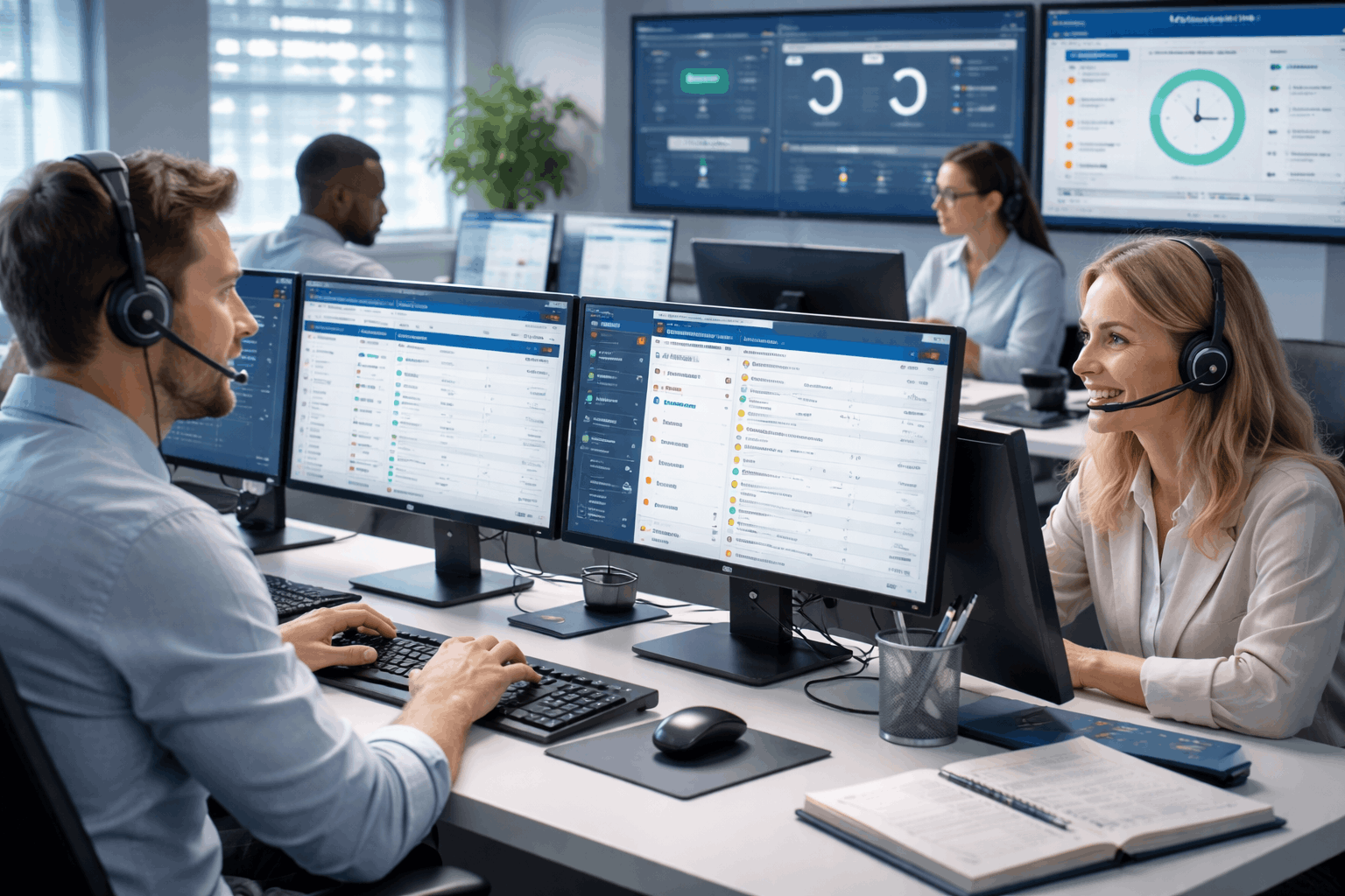 IT professionals working on tickets and customer support dashboards in an IT Service Desk Analyst training environment