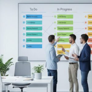 Kanban project management board showing task cards, workflow columns and agile team planning session