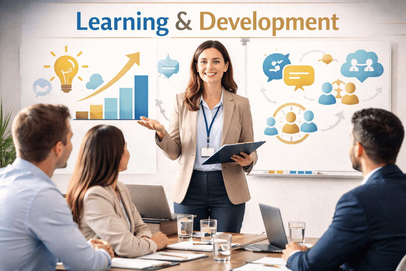 Learning and Development professional leading a corporate training session focused on leadership, coaching and performance