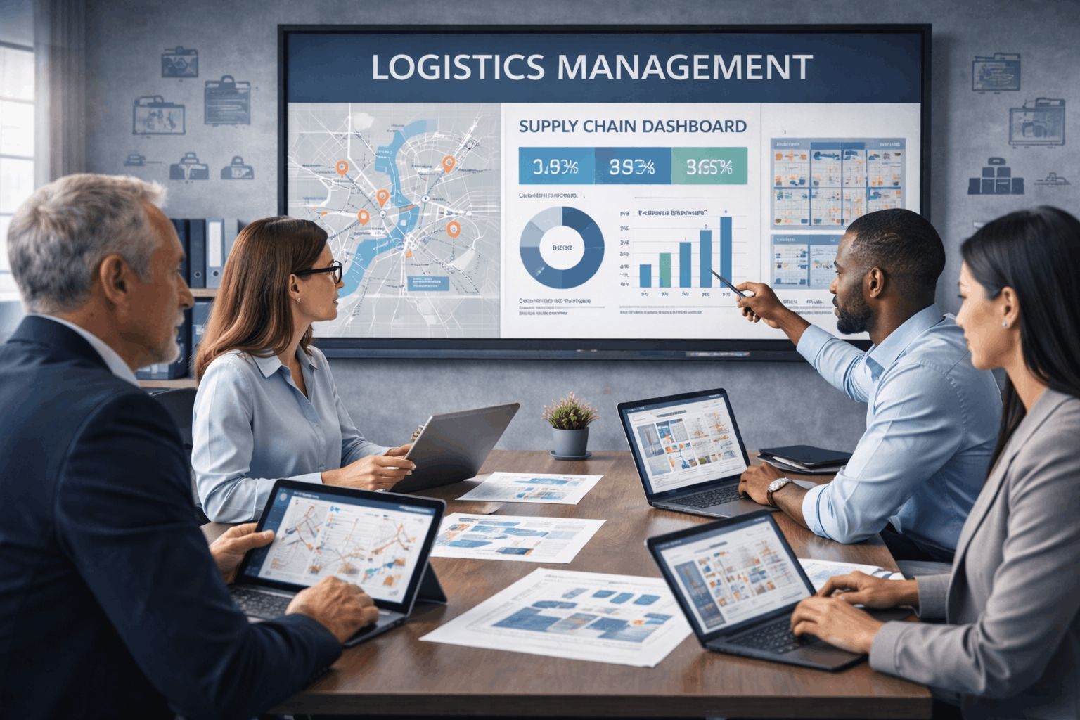 Logistics Management Course image showing supply chain planning, transport coordination, warehousing, and inventory control systems