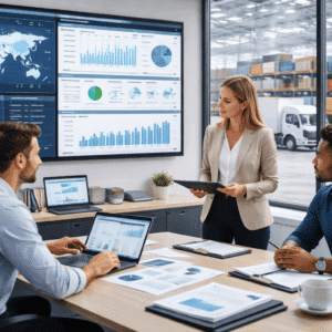 Modern logistics management environment showing planning dashboards, transport coordination, and supply chain analysis for Logistics Management Level 3.