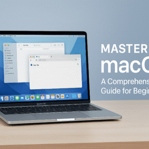 Modern workspace with MacBook, macOS apps, Finder window, and system settings icons representing the macOS Beginners Guide.