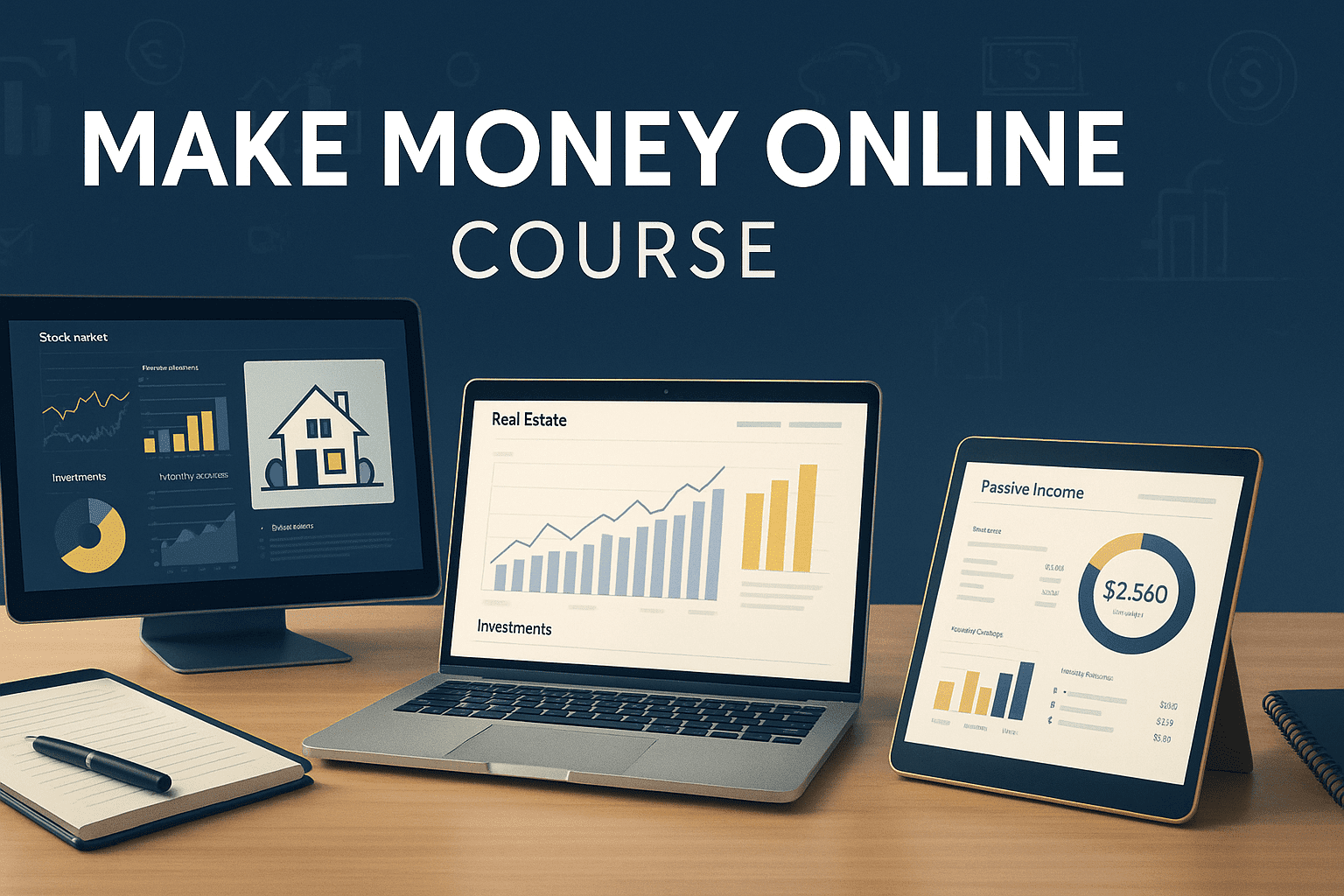 Modern workspace with investment charts, online income dashboards and wealth-building tools for the Make Money Online course.