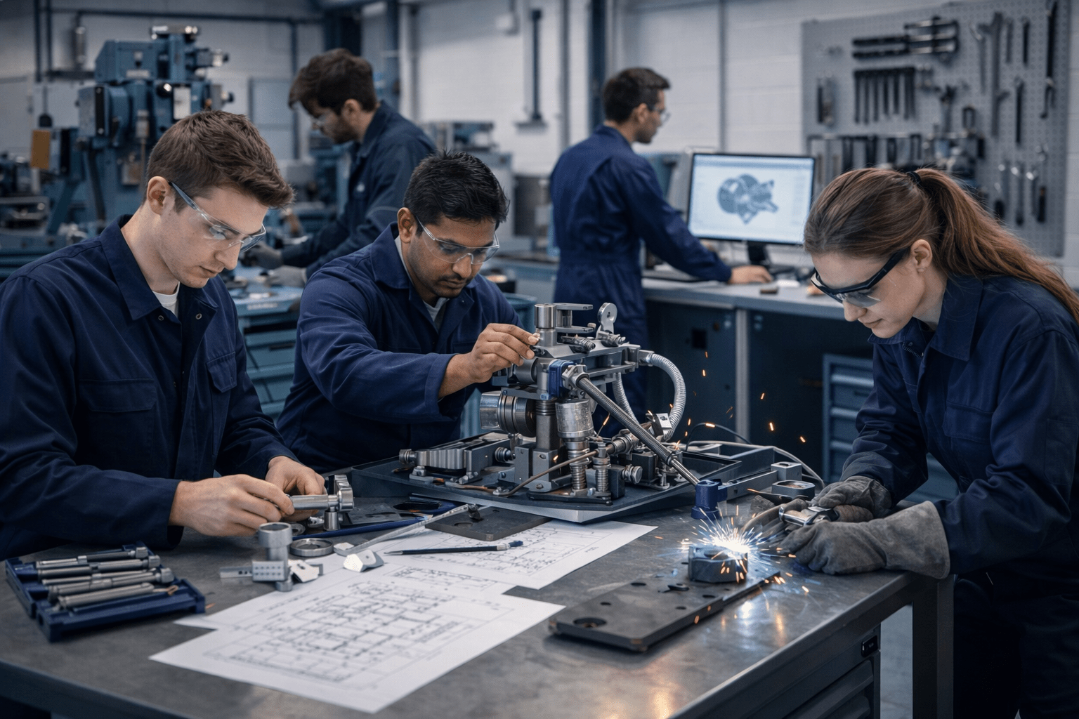 mechanical engineering course students working on machines, blueprints and tools in a modern engineering workshop