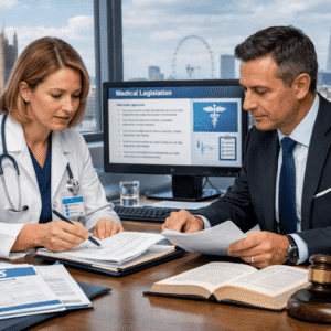 A professional legal and healthcare training scene representing a medical law course in a modern UK medical law environment