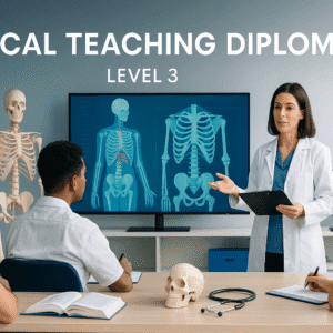 Modern medical teaching scene with educators, clinical tools, and digital learning screens for the Medical Teaching Diploma Level 3.