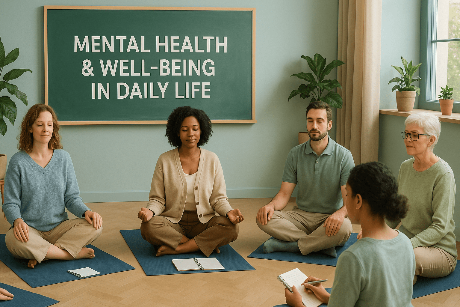 Students learning mindfulness and stress management for better mental health and well-being in daily life.