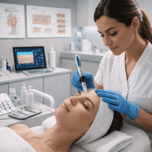 Aesthetic practitioner performing a professional microneedling procedure in a clinical setting as part of microneedling advanced diploma training.