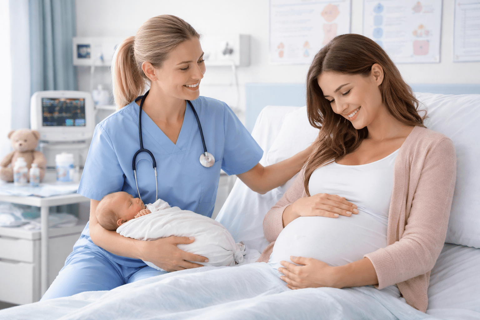 Midwifery training course showing a midwife supporting a pregnant woman and newborn in a professional maternity setting