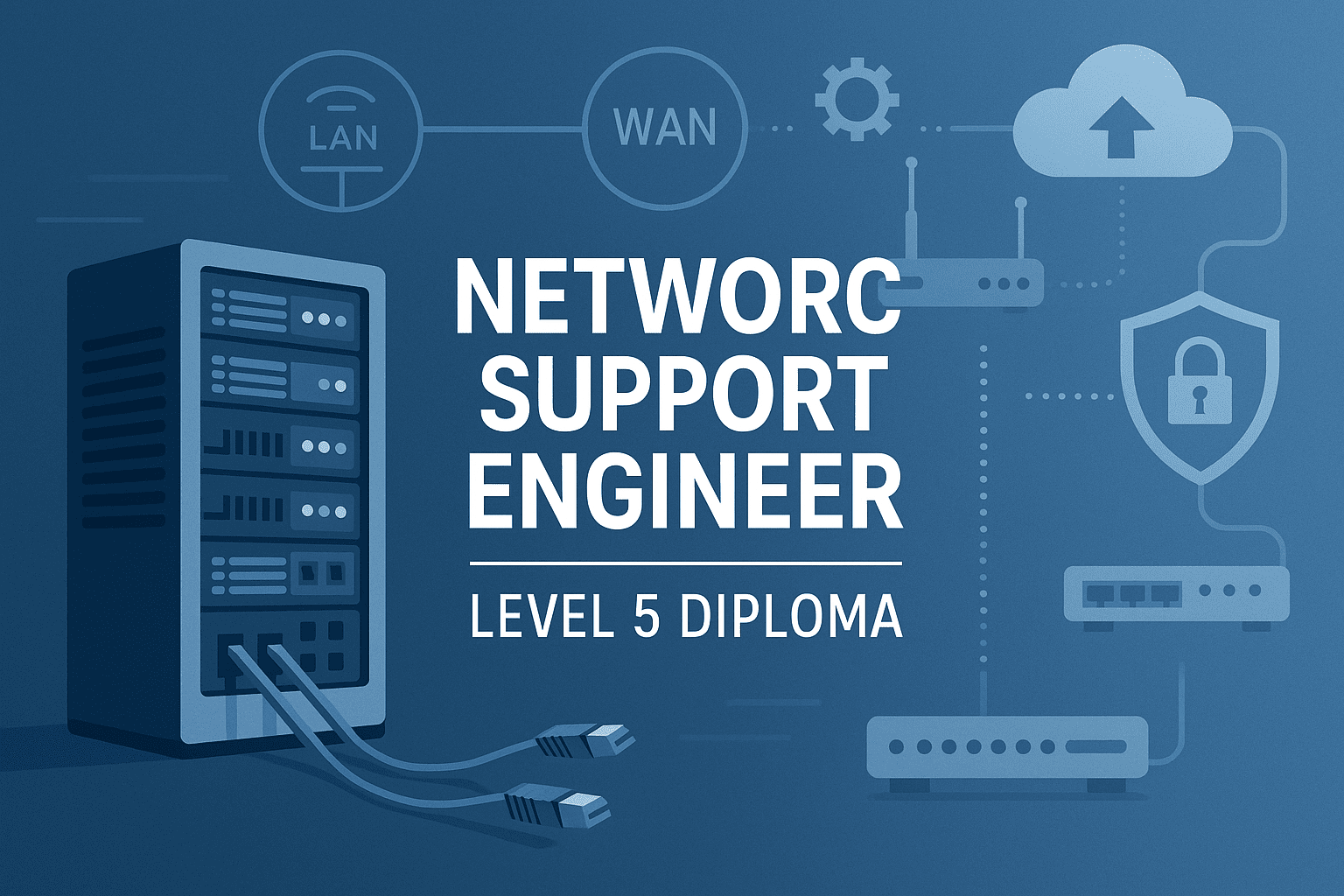 Network Support Engineer Level 5 Diploma banner showing network diagrams, servers, switches, cables, and cybersecurity icons in a modern layout.