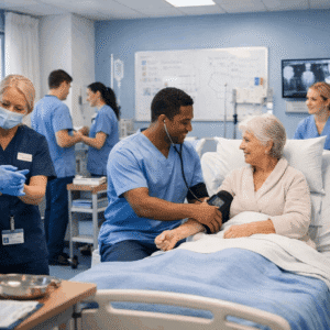 Nursing Assistant Course training environment showing nurses learning hygiene, patient care, and infection control in a UK healthcare setting