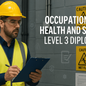 Occupational Health and Safety banner showing safety officer inspecting workplace hazards and using risk assessment tools.