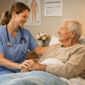 Professional nurse providing compassionate support during palliative care training in a calm healthcare setting