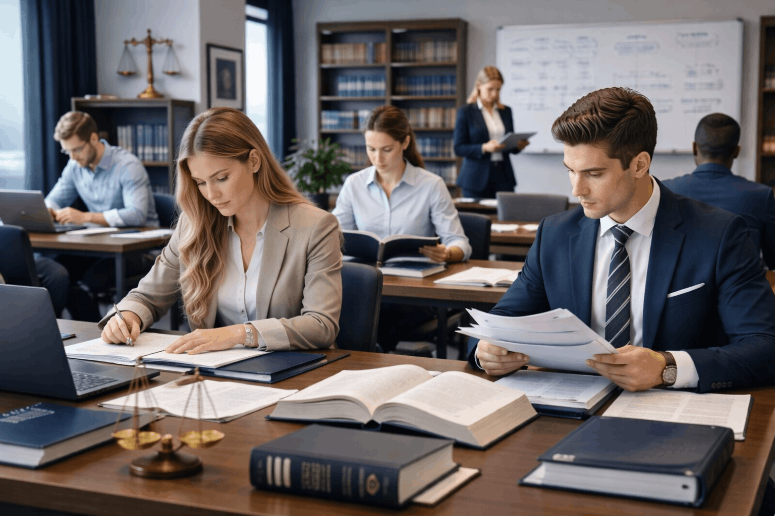 Paralegal English Law course showing learners studying UK legal documents, case files, and courtroom procedures in a professional setting