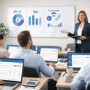 Payroll administrator training course showing a professional managing UK payroll, PAYE, tax and NI using BrightPay software
