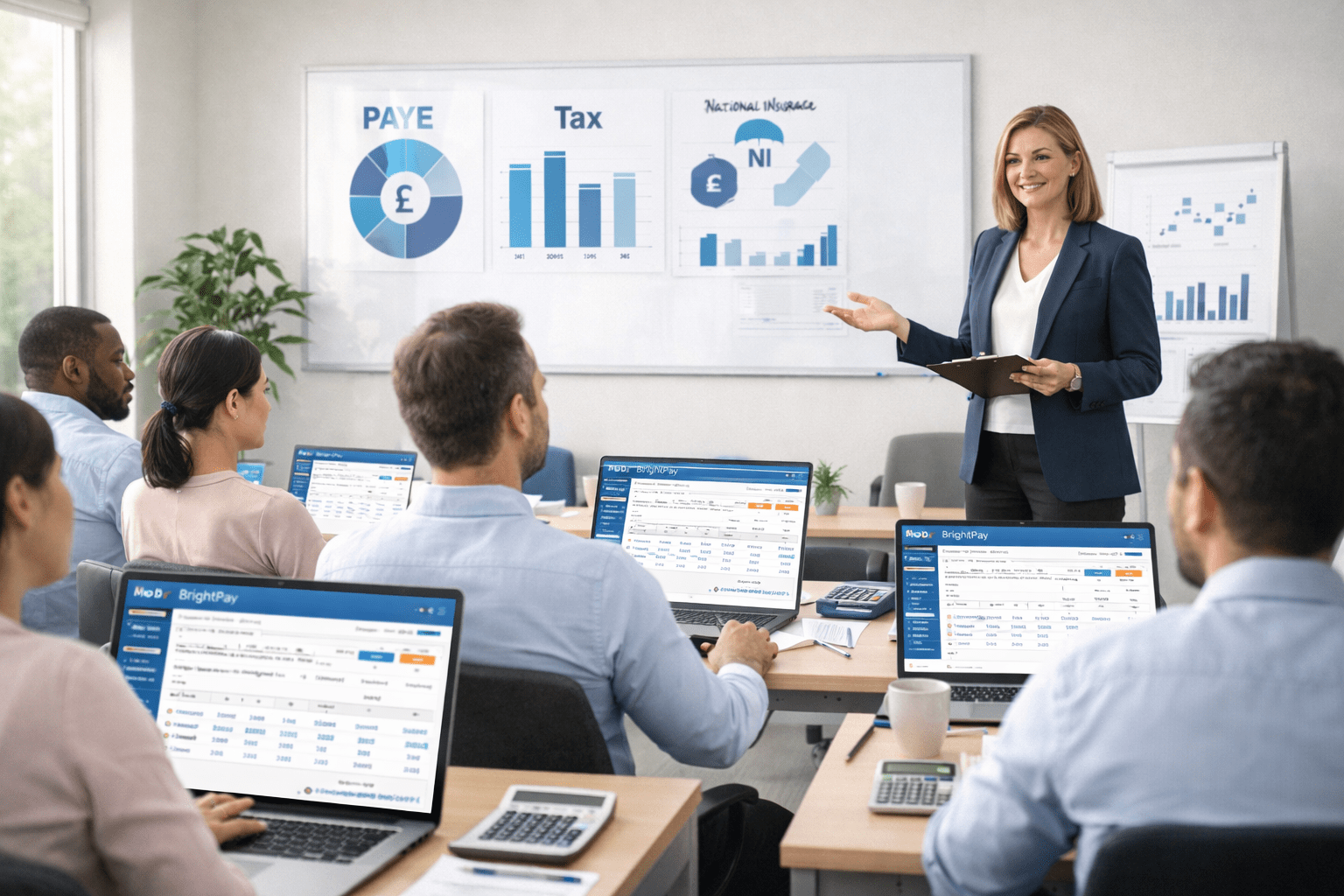 Payroll administrator training course showing a professional managing UK payroll, PAYE, tax and NI using BrightPay software