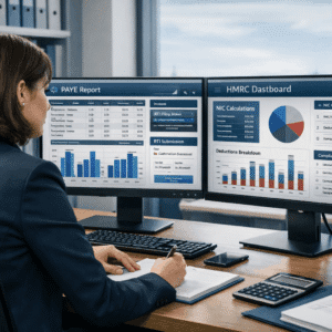 Professional payroll administrator working with UK payroll systems, PAYE reports, and HMRC compliance dashboards in a modern office environment.