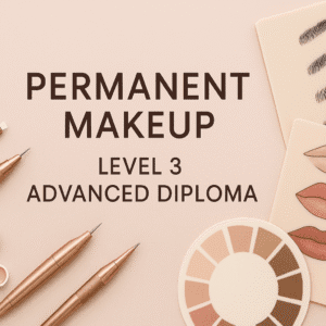 Permanent Makeup Diploma banner showing advanced brow, lip and eyeliner techniques with professional tools and clean studio setup.