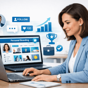 Professional learner developing a personal brand in a modern workspace for a personal branding course