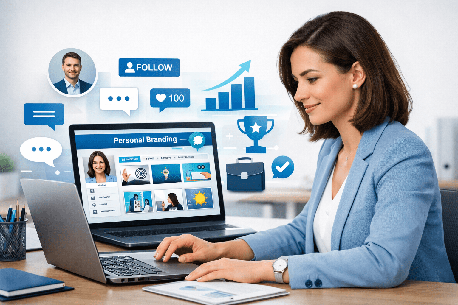 Professional learner developing a personal brand in a modern workspace for a personal branding course