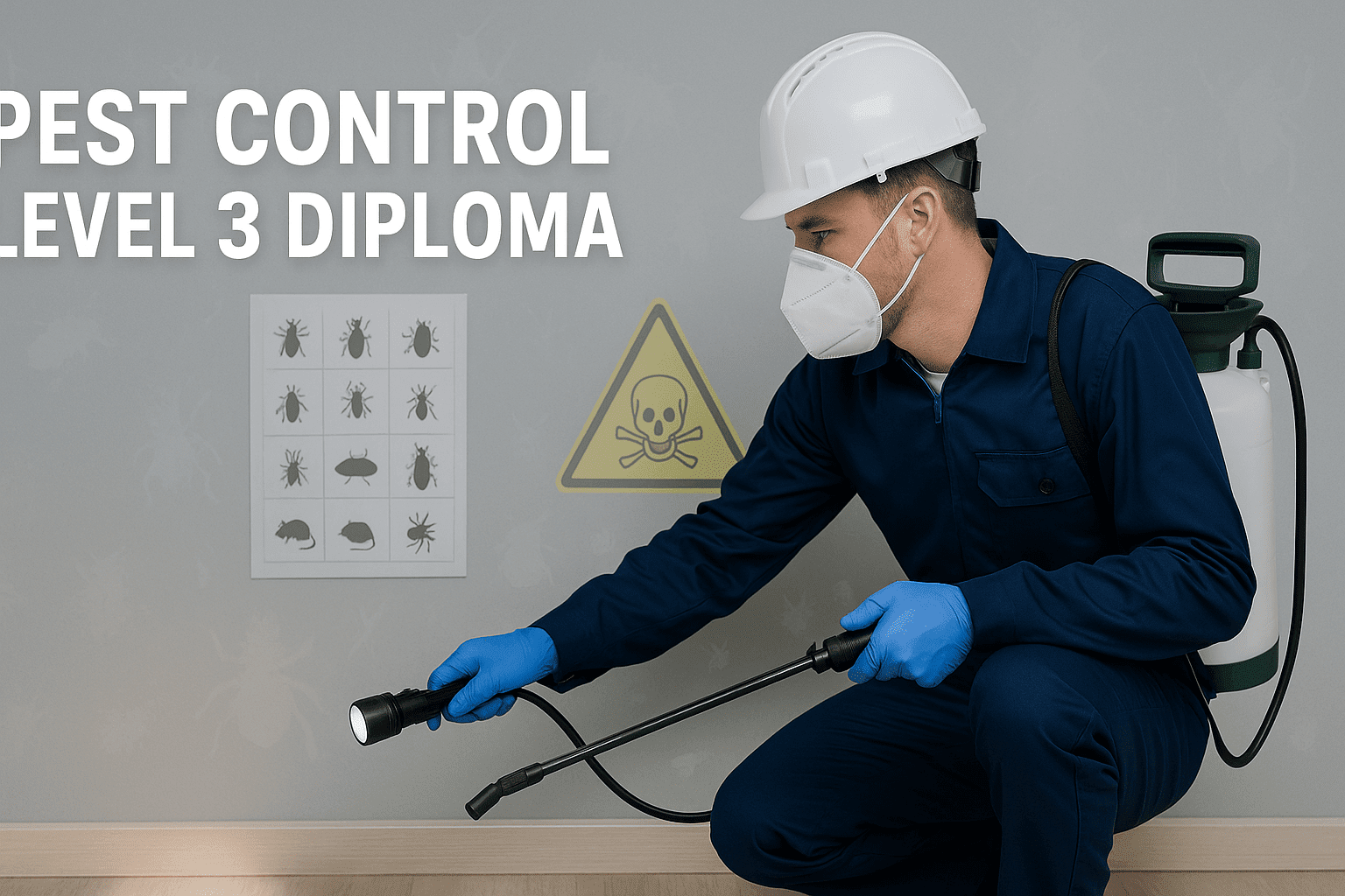 Pest Control course banner showing technician inspecting property with tools, safety gear, and pest identification charts.