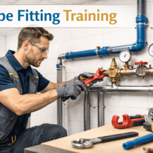 Pipe Fitting Training showing a technician installing plumbing pipes, fittings and water distribution systems