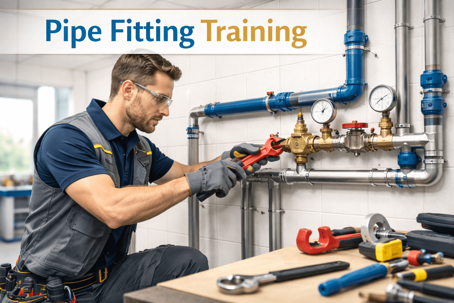 Pipe Fitting Training showing a technician installing plumbing pipes, fittings and water distribution systems