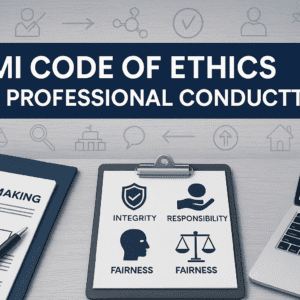 Professional banner showing ethical guidelines, leadership icons, and project management visuals for PMI Ethics Training.
