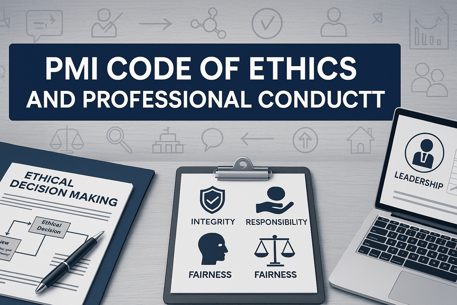 Professional banner showing ethical guidelines, leadership icons, and project management visuals for PMI Ethics Training.