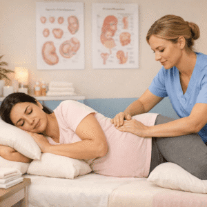 pregnancy massage training showing therapist giving gentle prenatal massage in a professional maternity clinic