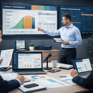 Product management course showing product lifecycle planning, inventory tracking, warehouse systems, and distribution strategy