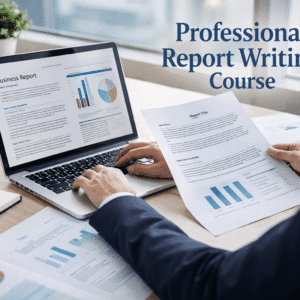 Business professional writing a structured document on a laptop for a professional report writing course