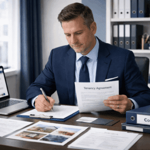 Professional property manager reviewing tenancy agreements, rental listings, and compliance documents in a modern UK office setting.
