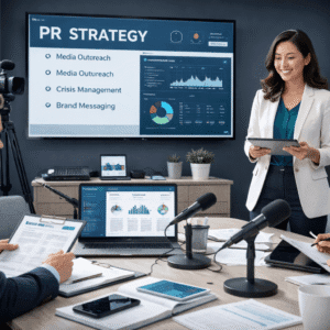 Public relations course showing media engagement, public speaking, social media strategy, and professional communication planning