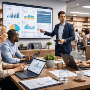 Retail management course showing retail staff managing customers, sales performance, stock control, and supplier coordination