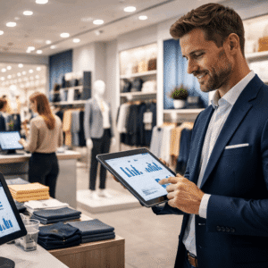 Retail manager analysing store performance and merchandising strategy during Retail Management Level 3 training