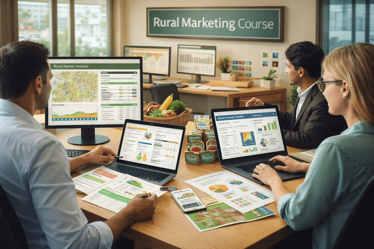 Marketing team planning campaigns for rural markets in a Rural Marketing Course training setting