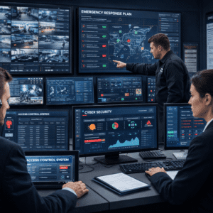 Security management course showing physical security, cyber security systems, risk monitoring, and professional security planning