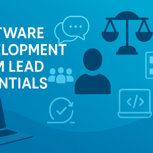 Professional banner showing software team lead concepts with leadership, planning and communication graphics.