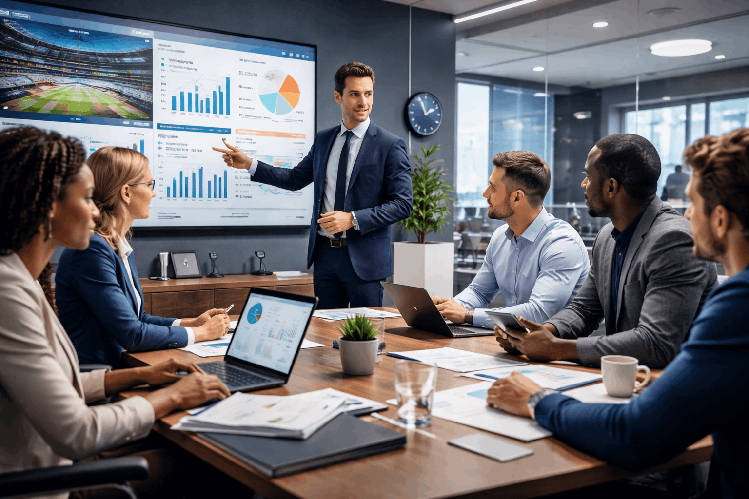 Sport management course showing professionals managing sports clubs, teams, and operations in a modern sporting environment