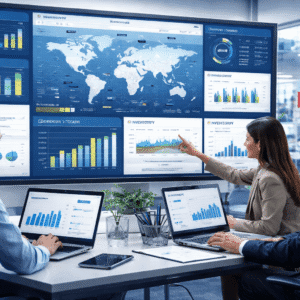 Supply chain analytics professionals analysing logistics data, dashboards and inventory forecasts in a modern operations office