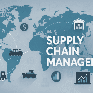 Professional banner showing logistics routes, transport icons, warehouses, and forecasting charts for the Supply Chain Manager course.
