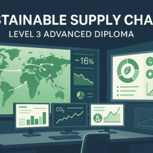 Eco-focused supply chain workspace showing logistics maps, sustainability icons, green transport visuals, and digital dashboards for Sustainable Supply Chain Diploma Level 3.