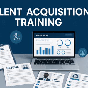 Professional banner featuring recruitment tools, resumes, digital sourcing icons, and HR visuals representing Talent Acquisition Training.