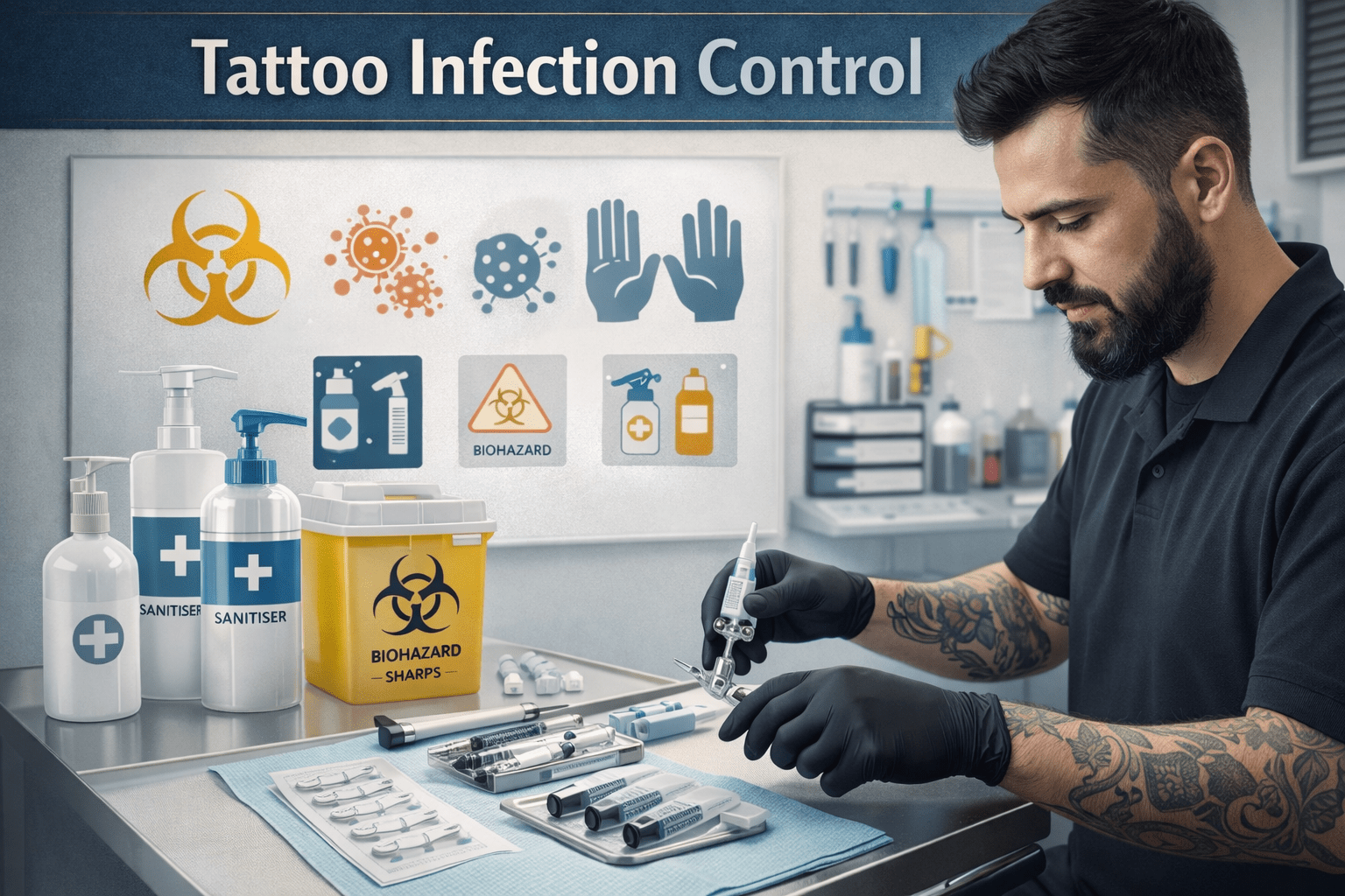 Tattoo Infection Control course showing a tattoo artist using gloves, sterilised tools and hygiene procedures in a studio