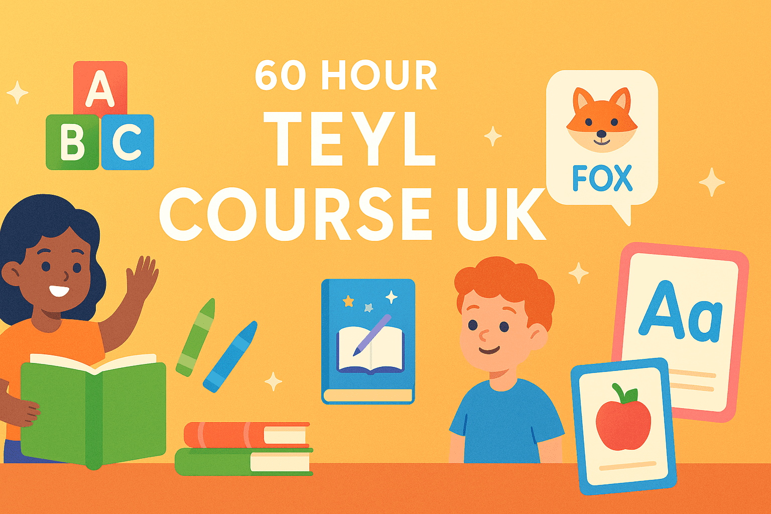TEYL course UK banner with visuals of young learners, teaching icons, classroom tools and bright educational graphics.