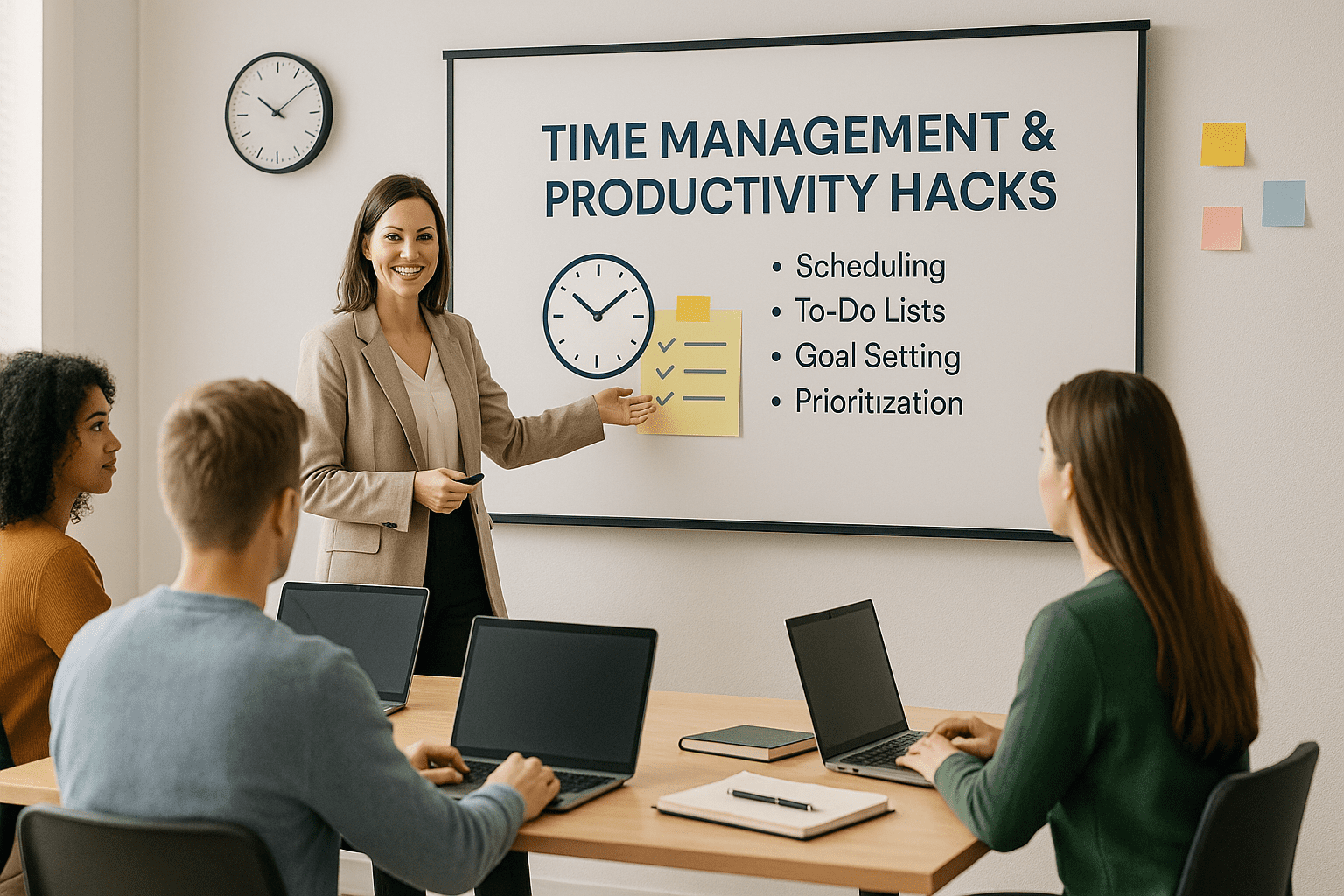 Instructor teaching students time management and productivity hacks in modern classroom setting