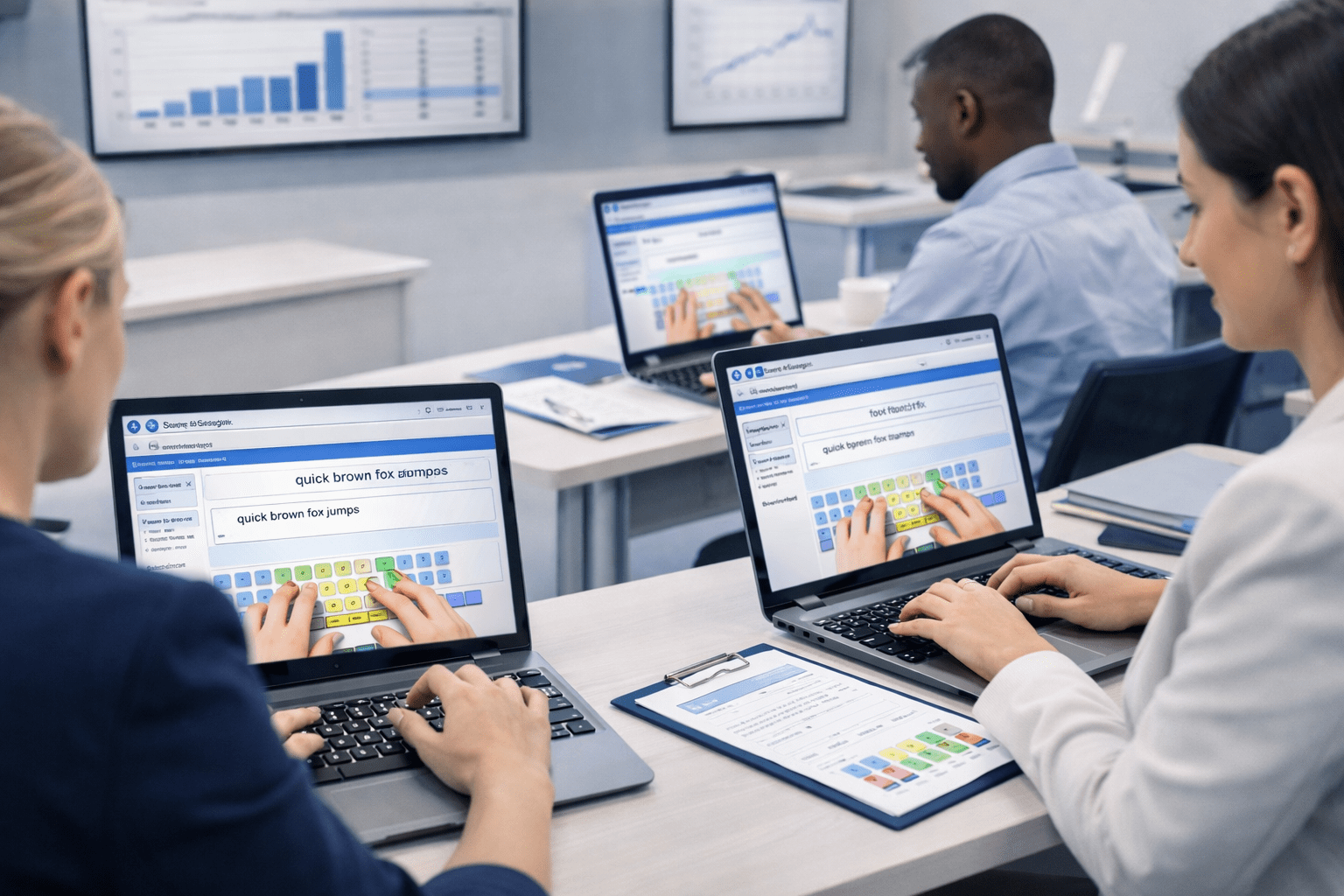touch typing course students practising keyboard skills on laptops with finger placement and typing drills on screen