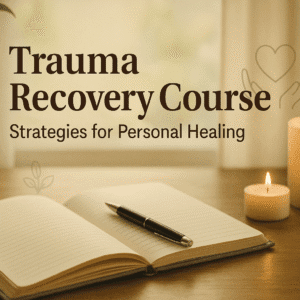 Trauma recovery course banner showing calm nature scene, journal, warm light and supportive healing visuals symbolising emotional recovery.